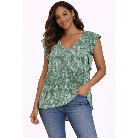 Lucky Brand Tops - Lucky Brand Green Medallion Print Flutter Sleeve V-Neck Boho Top Medium